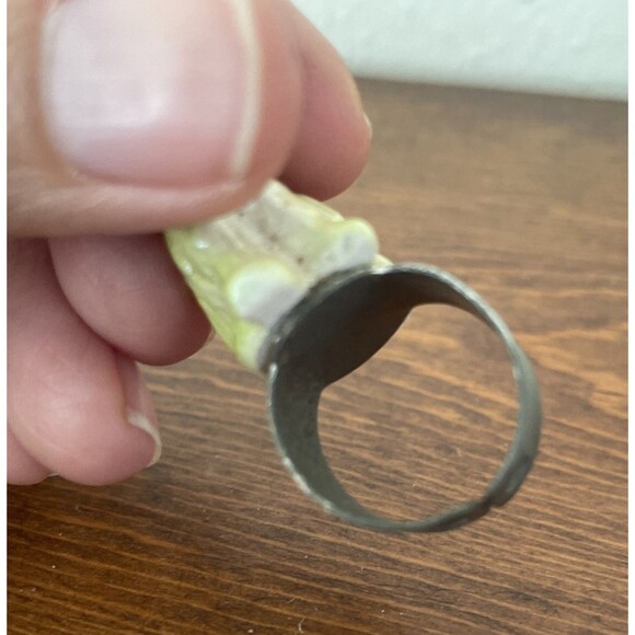 Sad Yellow Tabby Cat Ceramic Ring Grumpy Neon‎ OOAK Adjustable Band Maximalism - Picture 7 of 8